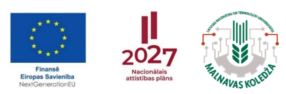 Attēlā redzami trīs logotipi: Eiropas Savienības finansējuma “NextGenerationEU” logotips, “Nacionālais attīstības plāns 2027” logotips un LBTU Malnavas koledžas logotips.