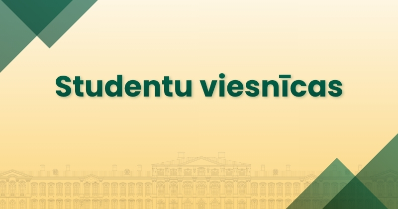 Grafisks attēls ar uzrakstu “Studentu viesnīcas”. Fonā redzama stilizēta Jelgavas pils silueta ilustrācija un zaļi grafiskie elementi.