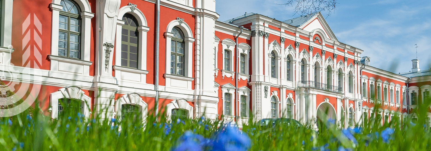 Jelgavas pils pavasarī ar ziliem ziediem un zaļu zāli priekšpusē