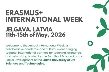Plakāts par Erasmus+ International Week Jelgavā (Latvija), kas notiks 2026. gada 11.–15. maijā Latvijas Biozinātņu un tehnoloģiju universitātē