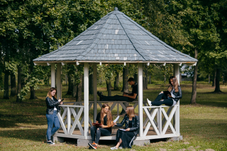 students by a gazebo