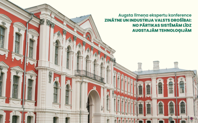 Attēlā redzama Jelgavas pils fasāde sarkanbalti baltā krāsojumā. Attēla labajā augšējā daļā izvietots teksts: “Augsta līmeņa ekspertu konference. Zinātne un industrija valsts drošībai: no pārtikas sistēmām līdz augstajām tehnoloģijām.”