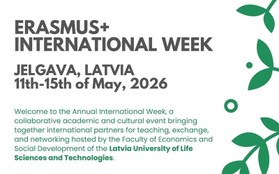 Plakāts par Erasmus+ International Week Jelgavā (Latvija), kas notiks 2026. gada 11.–15. maijā Latvijas Biozinātņu un tehnoloģiju universitātē